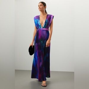 L'idee Gala Plisse Maxi Dress Pleated Satin Gown Multicolor Size 6 $485